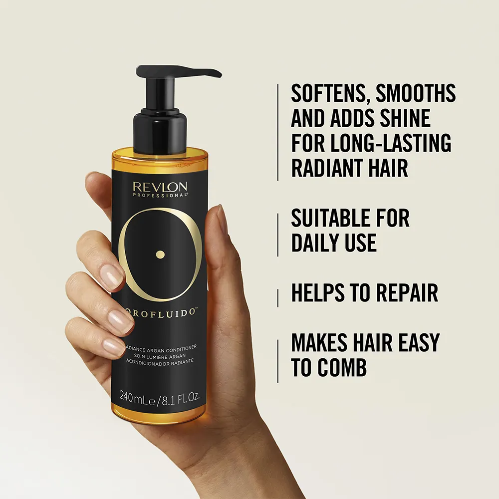 A photo of the Revlon Professional Orofluido™ Radiance Argan Conditioner bottle with a swatch of the conditioner above the bottle.