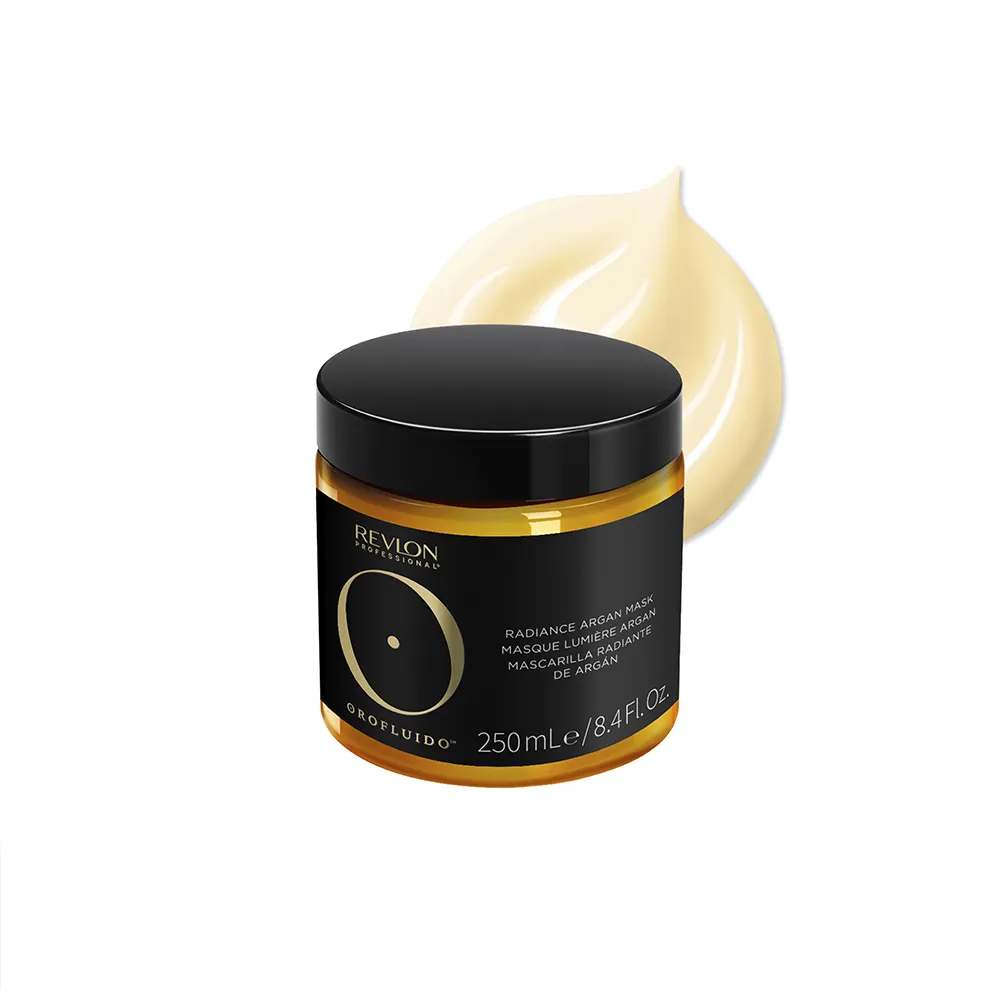 : A photo of the Revlon Professional Orofluido™ Radiance Argan Mask container with a swatch of the mask.