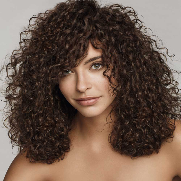 A woman with defined brown curly hair 