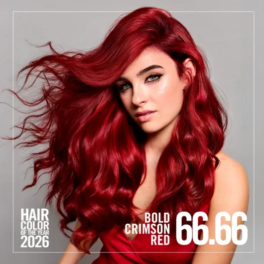 Model with Bold Crimson Red hair blowing in the window, with a text overlay that says “Hair Color of the Year 2026. Bold Crimson Red 66.66