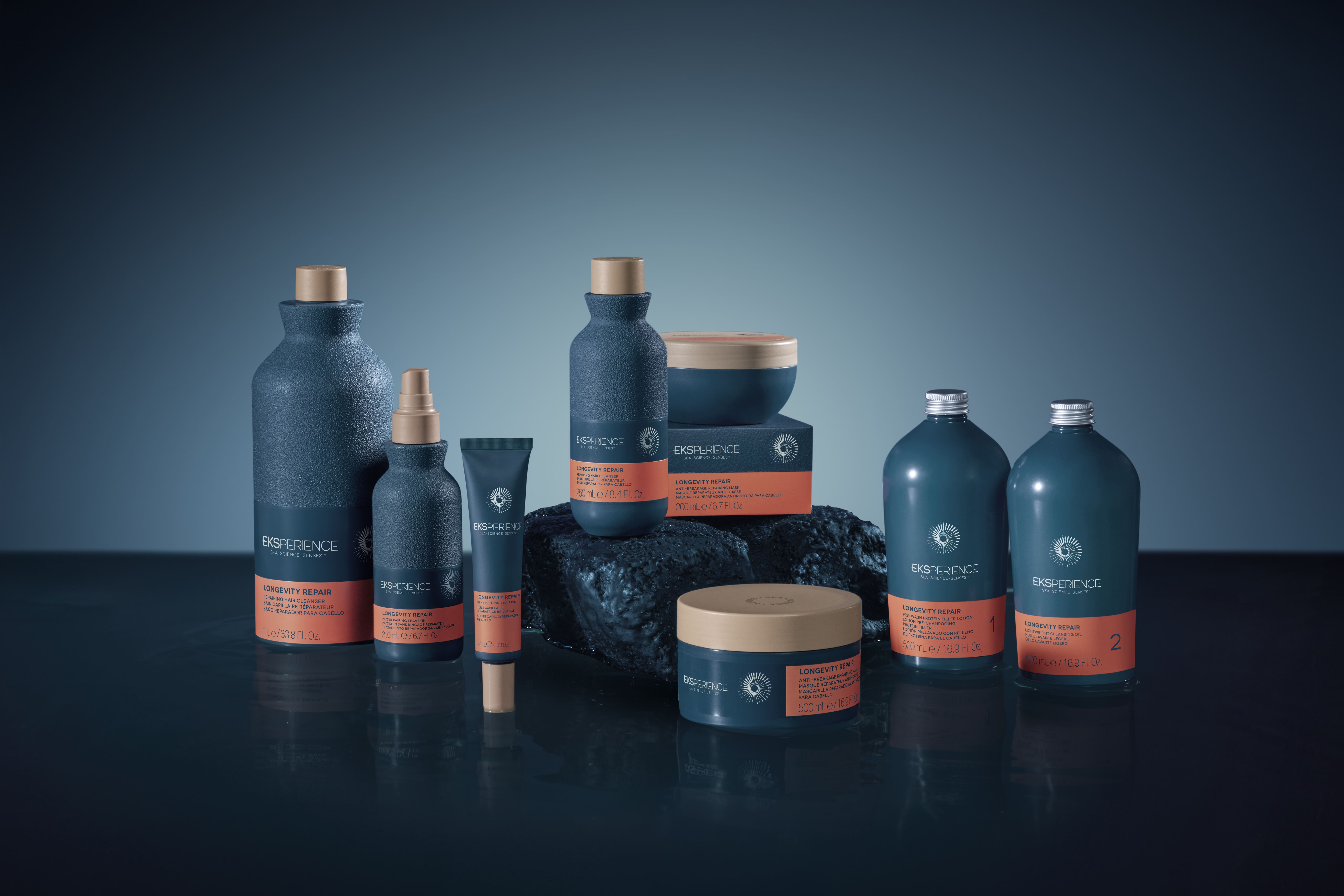 : A photo of the entire Revlon Professional Eksperience™ Longevity Repair product range. 